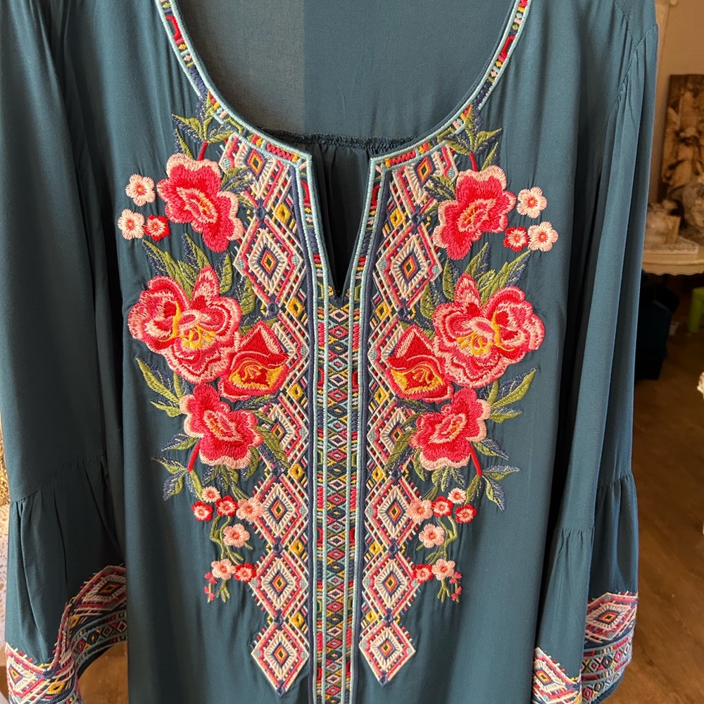 Savanna Jane Teal Embroidered Top